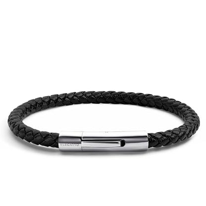 Elegatto Elagio Premium Braided Leather Bracelet for Men | Full-Grain Braided Leather with Sterling Silver Polished Stainless Steel Clasp | Men’s Designer Bracelets - color: Black Silver, size: Large