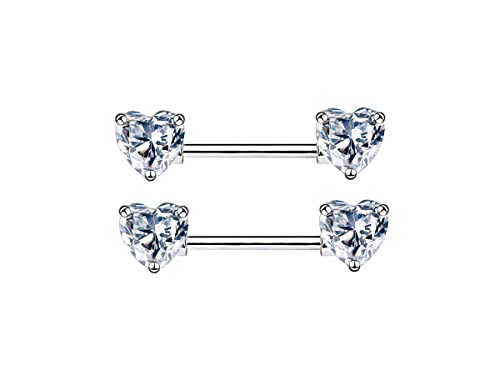 HQLA 14G Dainty CZ Love Heart Nipple Rings Tongue Ring Surgical Steel Nipple rings Piercing Women Barbells 2Pcs 25/8"(16mm) - style: Silver - Style A
