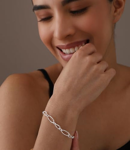 LeCalla 925 Sterling Silver Hammered Link Bracelets for Women | Handmade Bohemian Textured Chain & Oval Link Bracelet | Women's Adjustable Paperclip, Circle & Oval Hammered Bracelets - color: Oval Link