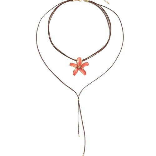 Bohemian Flower Necklace Layered Colorful Flower Floral Long Necklace for Women Leather Cord Lariat Y Necklaces Boho Jewelry Gift Trendy - color: pink
