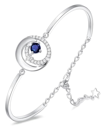 FANCIME Birthstone Bracelets 925 Sterling Silver Moon and Star Bangle Charm Bracelet Fine Jewelry Anniversary Birthday Mothers Day Gifts for Mom Her Women, Adjustable Chain 6.7"+1.2" Extend - color: Sep.- Sapphire