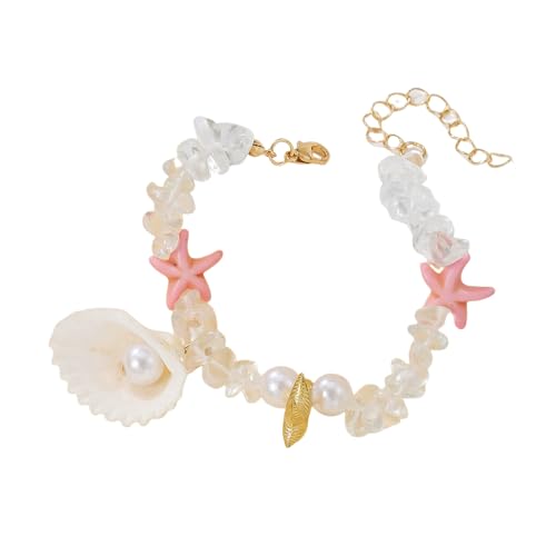 Shell Starfish Bracelet Seahorse Conch Starfish Sea Shell Pearls Charm Stone Bracelet Statement Bohemian Sea Themed Beach Jewelry for Women - color: Pink B