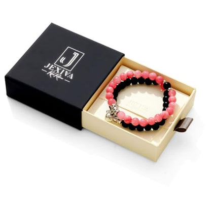 Set Of 2 Couples Bracelet Magnetic Healing Natural Bead Stone Stretch Bracelet Unisex Anniversary, Friendship, Valentine, Christmas Gift - color: Black+Pink, style: With Luxury Giftbox