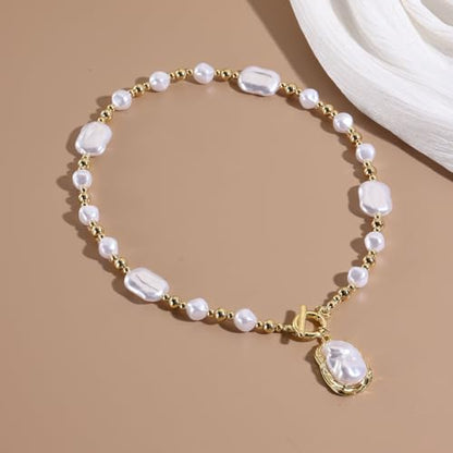 Chunky Pearl Necklaces for Women Chunky Baroque Pearl Beaded Gold Chain Link Pearls Pendant Necklace White Pearls Necklace Valentine's Day Jewelry Gifts Party Prom Birthday Outfits Accessorie - style: Pearl Bead Necklace, Pearl Pendant