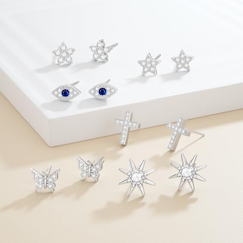 JIAYIQI Minimalist 925 Sterling Silver Stud Earrings Set, 14K Gold Plated Hypoallergenic Tiny Bar Dot Heart Star Studs for Women & Men - style: Silver-Devil's Eye-1 Pair