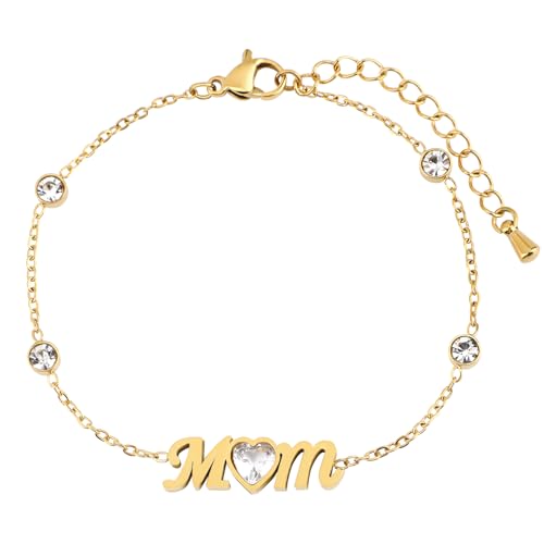 18K Gold Plated Stainless Steel Dainty Charms Colorful Crystal Birthstone Bracelet Minimalist Cute Jewelry for Women - color: Love Mom
