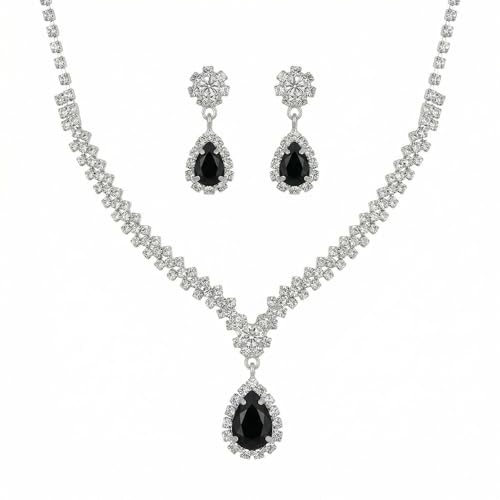 Wedding Jewelry Sets for Brides Rhinestone Necklace and Earring Set Bracelet Ring Gold Silver Prom Jewelry Sets Diamond Flower Teardrop Necklace for Women - color: Style4-Black