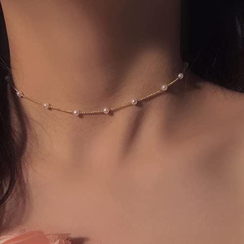 Faux Pearl Necklace for Women Dainty Pearl Choker Necklace 14K Gold Plated Pearl Chain Necklace Mother's Day Valentine Jewelry Gifts - color: Silver