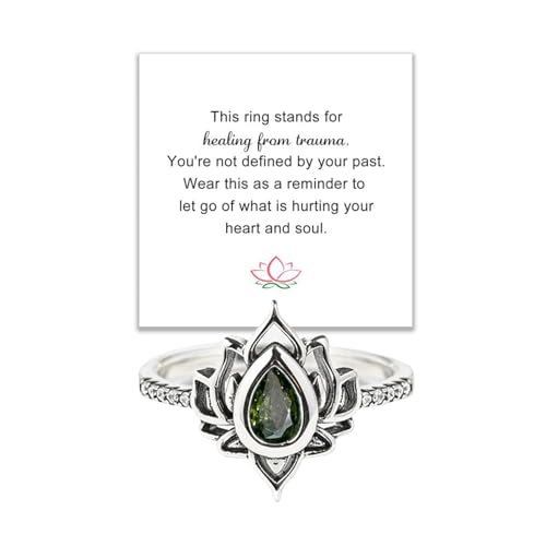Lotus Ring for Women - Zircon Inlaid Flower Promise Ring - My Trauma Inspirational Statement Floral Jewelry Gift - color: green