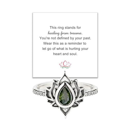 Lotus Ring for Women - Zircon Inlaid Flower Promise Ring - My Trauma Inspirational Statement Floral Jewelry Gift - color: green