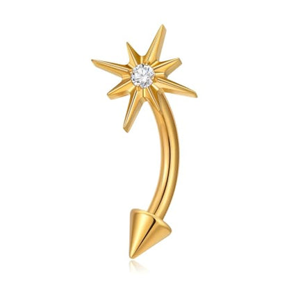 1PC Titanium Rook Piercing Jewelry 16G 8mm, ASTM F136 Curved Barbells Eyebrow Rings, Internally Threaded Screw on - color: North Star-18KGP