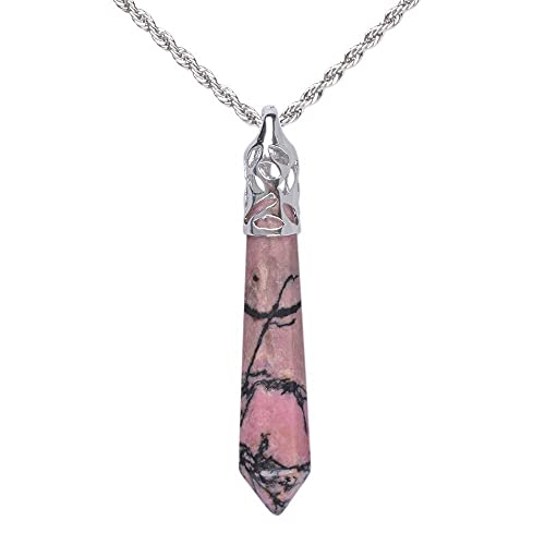 Justinstones Hexagonal Pointed Reiki Chakra Pendant Stainless Steel Chain Necklace 20 Inch Iron Gift Box - color: Rhodonite