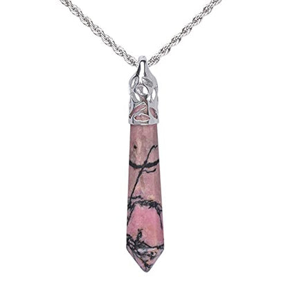 Justinstones Hexagonal Pointed Reiki Chakra Pendant Stainless Steel Chain Necklace 20 Inch Iron Gift Box - color: Rhodonite