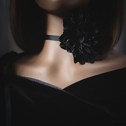 Black Choker Camellia Flower Lace-up Necklace For Women - color: Large black flower