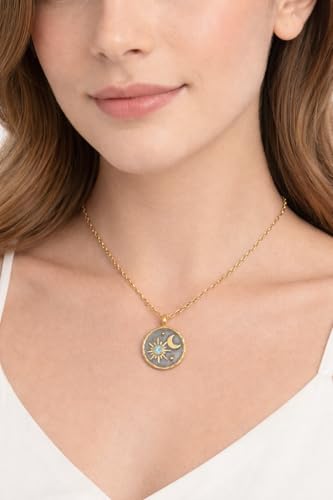 Gold Sun Moon and Stars Pendant Necklace with Birthstone Crystals as Center of Sun, Two-Tone Stainless Steel, Celestial Theme, Astrology Gift for Women, 16-20 Inch Adjustable Cable Chain - color: Jan Garnet