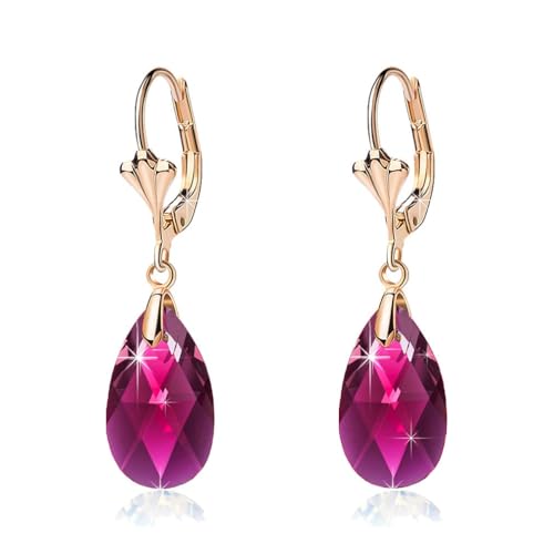 Austrian Crystal Teardrop Leverback Dangle Earrings for Women Fashion 14K Gold Plated Hypoallergenic Jewelry - color: Fuchsia