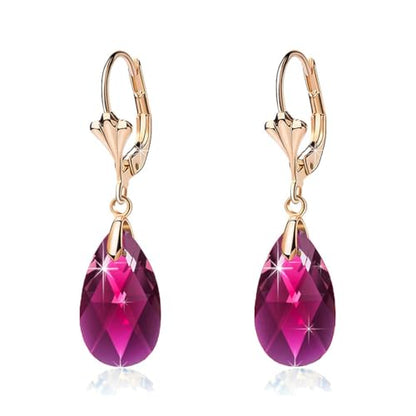 Austrian Crystal Teardrop Leverback Dangle Earrings for Women Fashion 14K Gold Plated Hypoallergenic Jewelry - color: Fuchsia