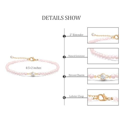 Raicegs Anklets for Women Handmade Beach Boho Ankle Bracelet 3mm Natural Stone Beaded Ankle Bracelet 14K Gold Plated Zircon Pendant Adjustable Crystal Gemstone Anklet Jewelry Gift for Her - color: Rose Quartz