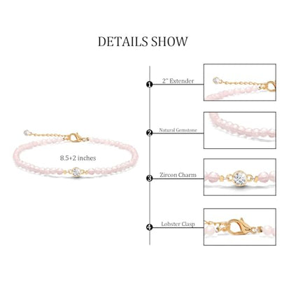 Raicegs Anklets for Women Handmade Beach Boho Ankle Bracelet 3mm Natural Stone Beaded Ankle Bracelet 14K Gold Plated Zircon Pendant Adjustable Crystal Gemstone Anklet Jewelry Gift for Her - color: Rose Quartz