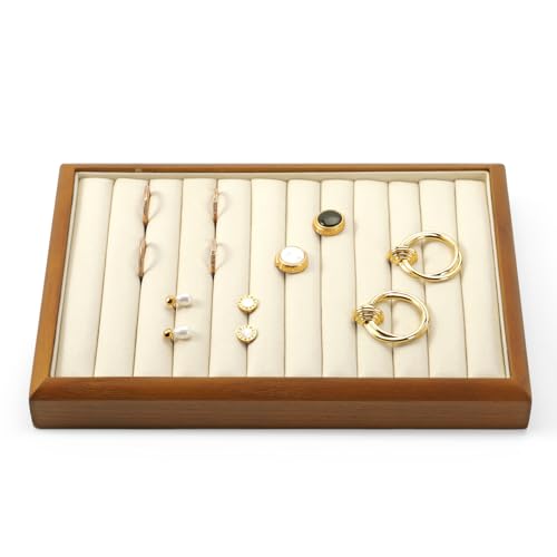 Oirlv Wood Ring Display Tray | Solid Wood Frame, Soft Microfiber Interior, 9.84X17X1.18in Ring Tray with Slots, Beautiful Wood Finish, Protects Jewelry - color: Cream, size: 11 slot