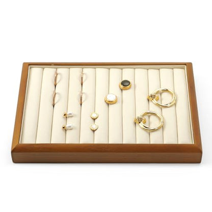 Oirlv Wood Ring Display Tray | Solid Wood Frame, Soft Microfiber Interior, 9.84X17X1.18in Ring Tray with Slots, Beautiful Wood Finish, Protects Jewelry - color: Cream, size: 11 slot