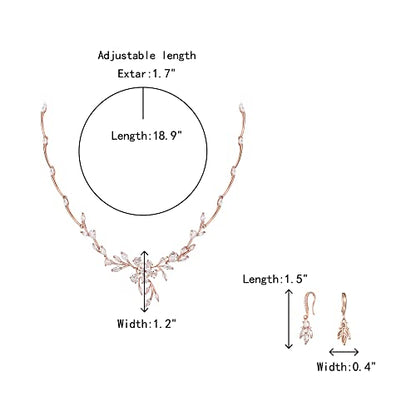Crysdue Women's Wedding Bridal Jewelry Set for Brides Bridesmaids Cubic Zirconia Flower Leaf Vine Necklace Dangle Earrings for Prom Party - style: 16-rose gold