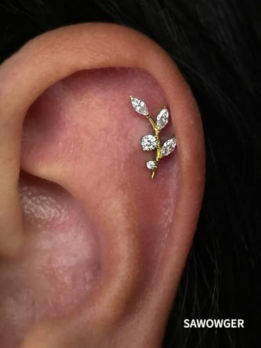 16G Titanium Flat Back Earrings for Women Conch/Helix/Foward Helix/Tragus/Hypoallergenic Piercing Jewelry Internal Thread Cartilage Stud Gold Silver CZ Branch Earrings - color: Gold-For Wearer Left Ear