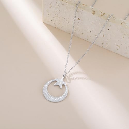 VASSAGO Islamic Ayatul Kursi Necklace Crescent Moon and Star Pendant Arabic Muslim Quran Calligraphy Allah Jewelry Stainless Steel Islam Eid Ramadan Gift for Women Men - color: Silver