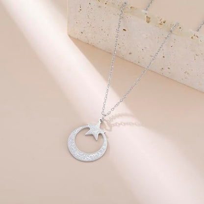 VASSAGO Islamic Ayatul Kursi Necklace Crescent Moon and Star Pendant Arabic Muslim Quran Calligraphy Allah Jewelry Stainless Steel Islam Eid Ramadan Gift for Women Men - color: Silver