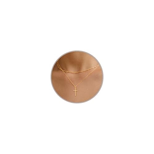 Airmb Cross Necklace for Women Gold/Silver Plated Layered Dainty Cross Chain Trendy Choker Satellite Charm Small Crucifix Pendant Gold/Silver Necklace Stackable Hypoallergenic Delicate Gift for Women - color: Gold-2PS Singapore Chain