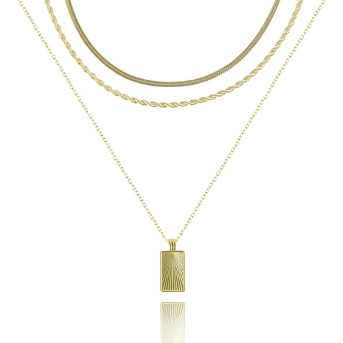 Layered Necklaces for Women | 14K Gold Plated Stackable Choker Necklace Set - Dainty Jewelry Gift - style: 3PCS-Gold Square layered necklaces