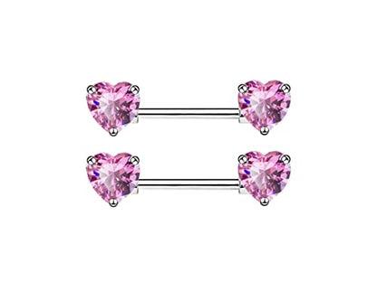 HQLA 14G Dainty CZ Love Heart Nipple Rings Tongue Ring Surgical Steel Nipple rings Piercing Women Barbells 2Pcs 25/8"(16mm) - style: Silver - Style A - Pink Heart CZ