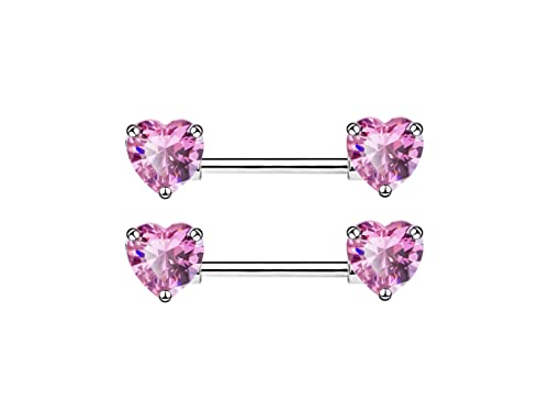 HQLA 14G Dainty CZ Love Heart Nipple Rings Tongue Ring Surgical Steel Nipple rings Piercing Women Barbells 2Pcs 25/8"(16mm) - style: Silver - Style A - Pink Heart CZ