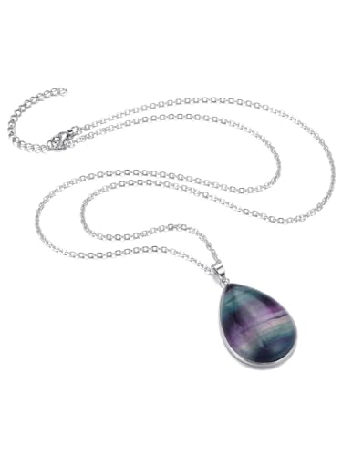 Jovivi Rainbow Fluorite Crystal Teardrop Pendant Necklace Natural Healing Stone Reiki Quartz Gemstone Necklace Jewelry for Women Men