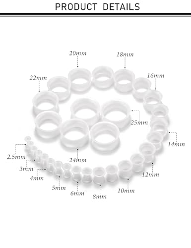 10G-25mm Thin & Thick Silicone Ear Gauges Tunnels Stretching Kit Double Flared Rubber Gauges Tunnels Plugs Flexible Soft Tunnels Earrings Gauge Kit for Women Men - color: White 10G-25mm