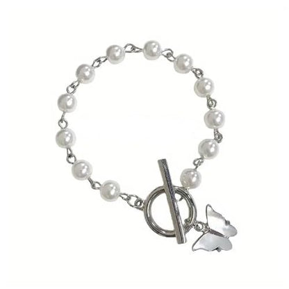 Pearl Beaded Bracelet with White Butterfly Charm, Toggle Clasp, Silver Tone