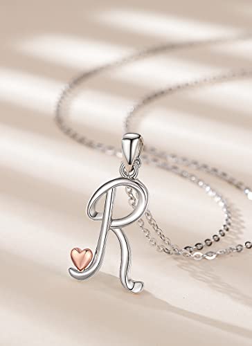 CELESTIA 925 Sterling Silver Initial Necklaces 26 Letter with Rose Gold Heart - 18 Inch Chain - color: R-Initial