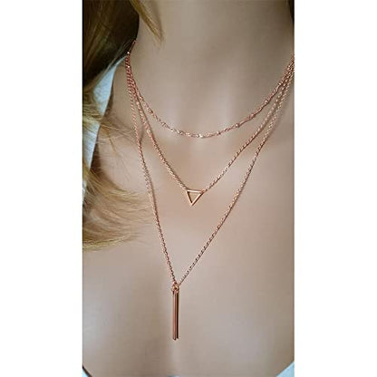 Turandoss Gold Layered Necklaces for Women - 14K Gold Plated Handmade Multilayer Bar Pearls Coin Disc Moon Butterfly Medallion Adjustable Dainty Layered Choker Necklaces for Women Jewelry - style: 3PCS 14k-rose-gold-plated - Chain&Triangle&Bar