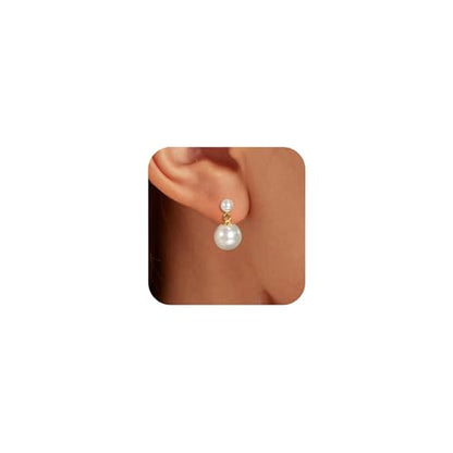 Double Pearl Drop Earrings for Women 925 Sterling Silver | 18k Gold Plated Big Large Pearl Dangle Earrings Pearl Dangling Stud Earring Bridal Wedding Jewelry Birthday Gifts for Mom - color: F-Gold