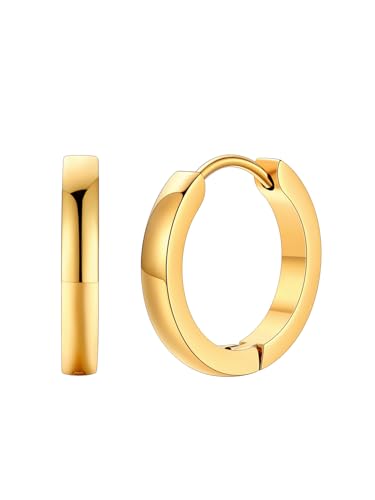 FaithHeart Stainless Steel Black/Silver/Gold Huggie Hoop Earrings for Men | Hypoallergenic Small Hoop Earrings Lightweight Sleeper Earrings Waterproof Cartilage Piercing Jewelry Gift 8-16mm - color: Gold-Flat, size: Diameter 14mm