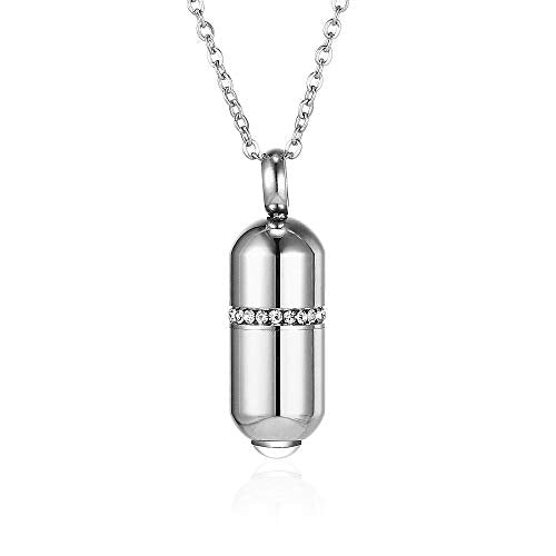 Stainless Steel Pill Cremation Urn Pendant Necklace Fashion Trendy Ash Urn Keepsake Jewelry Gift - color: Silver