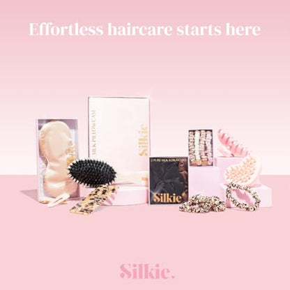 SILKIE x4 Set - Forget Satin - 100% Pure Mulberry Silk Black Brown Skinny Scrunchies Travel Pouch Everyday Hair Ties Elastics Hair Care Ponytail Holder No Damage (Chocolate) - color: Chocolate