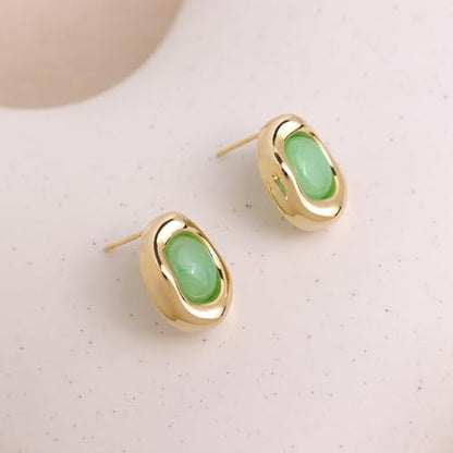 Jean Beau Chunky Gold Stone Stud Earrings for Women, Trendy Natural Gemstone Hypoallergenic Earing Valentine Jewelry Gift - color: Peridot Green
