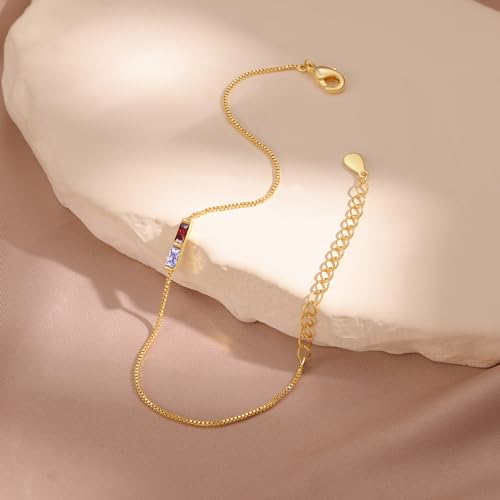 Sterling Silver Personalized 1-6 Birthstone Bracelet for Women Mothers Day Bracelet for Mom Daughter Custom Dainty Jewelry for Christmas Birthday Gift Ideas - style: Gold-2 stones