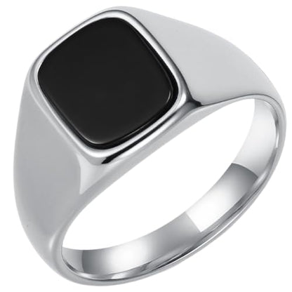 PAMTIER Men's Stainless Steel Gemstone Polished Signet Rings Classic Minimalist Square Cabochon Statement Band Jewelry Gift - color: Silver Black