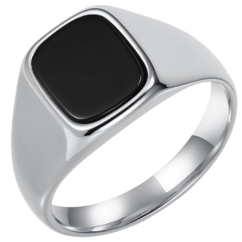 PAMTIER Men's Stainless Steel Gemstone Polished Signet Rings Classic Minimalist Square Cabochon Statement Band Jewelry Gift - color: Silver Black