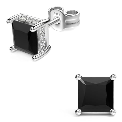 Princess Cut Cubic Zirconia Stud Earrings for Men Women | Square CZ Simulated Diamond Studs, 18K White Gold Plated Sterling Silver, Hypoallergenic - color: Black, size: 5MM