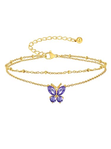 Suplight Gold Plated Butterfly Anklets for Women Waterproof, Layered Boho Ankle Bracelet with Birthstone, Stainless Steel Adjustable Non-Tarnish Heart Foot Jewelry Beach Vacation - color: 02. Butterfly-Feb. Amethyst