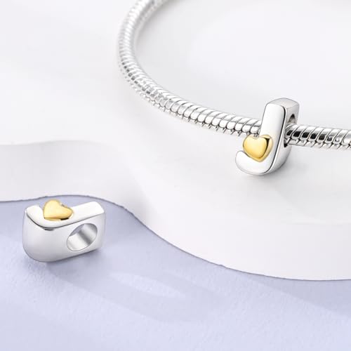 925 Sterling Silver Letter Charms A-Z for Bracelet Necklace Alphabet Bead | Heart letter A B C D G J charm initial gold Pendant beads Jewelry Gift for Women - color: Letter J