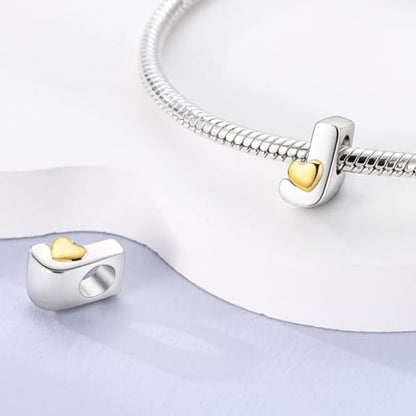 925 Sterling Silver Letter Charms A-Z for Bracelet Necklace Alphabet Bead | Heart letter A B C D G J charm initial gold Pendant beads Jewelry Gift for Women - color: Letter J